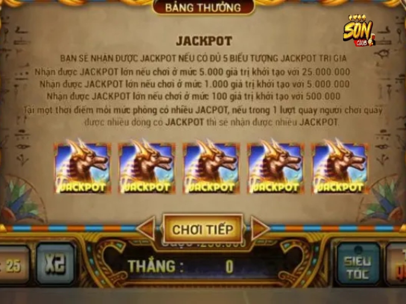 Nữ Hoàng Ai Cập Sonclub có nhiều biểu tượng đặc biệt là Jackpot